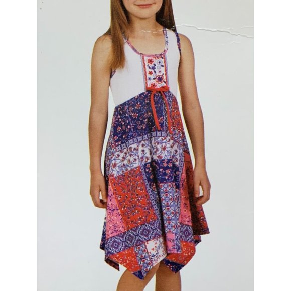 Jona Michelle Patchwork Sundress Girls 7 Red Blue Sleeveless Knee Length - Picture 1 of 6